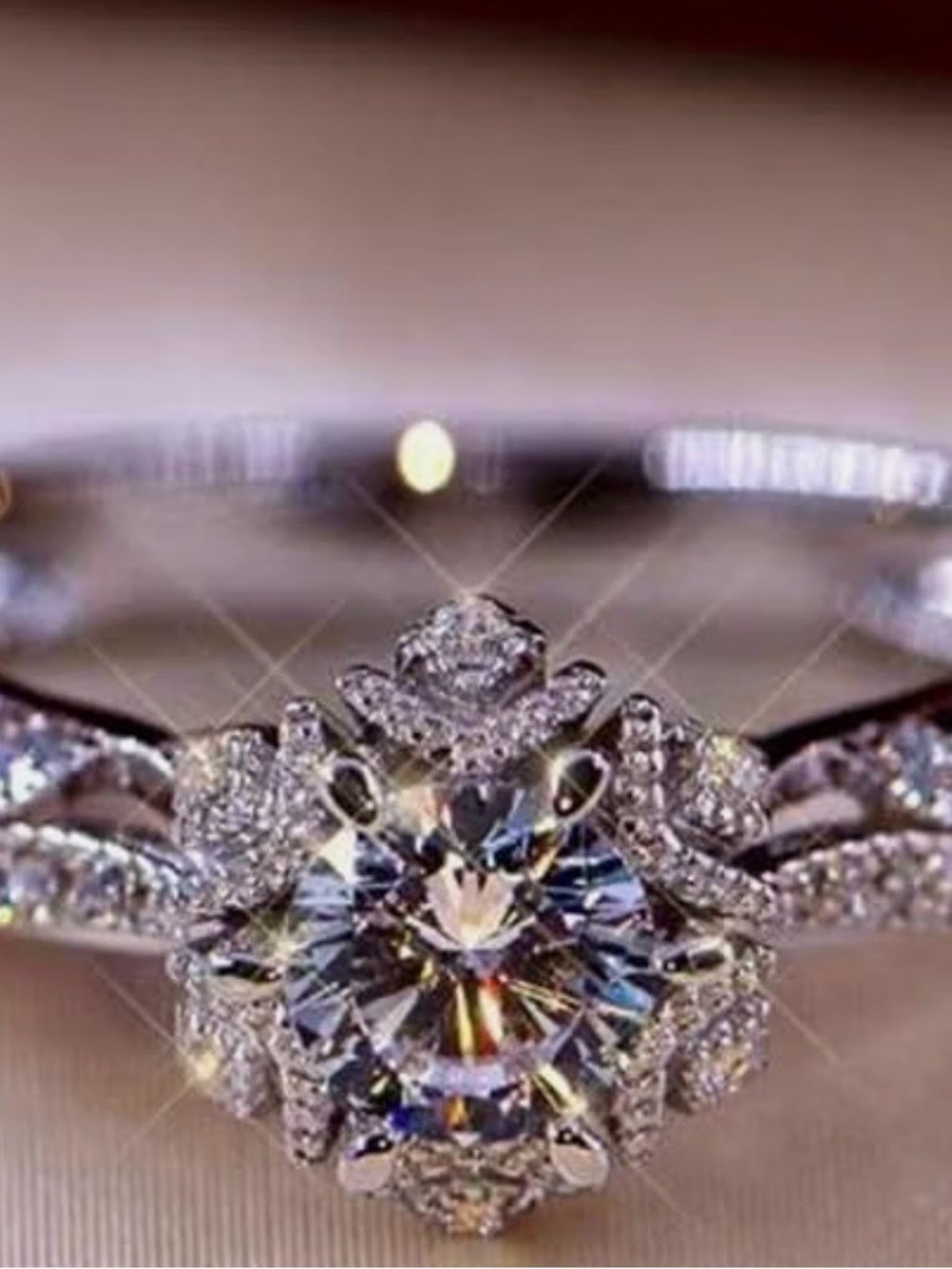 Sterling Silver Floral Halo Engagement Ring with Clear Crystal